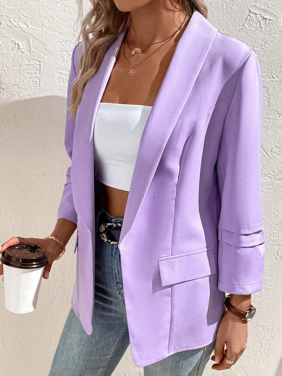SHEIN Essnce 青果領翻蓋細節開門襟西裝外套 - 紫色 - 查看 1