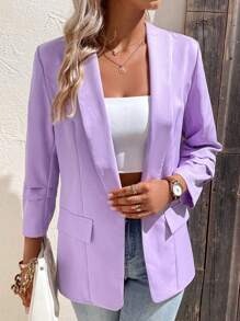 SHEIN Essnce 青果領翻蓋細節開門襟西裝外套 - 紫色 - 查看 3