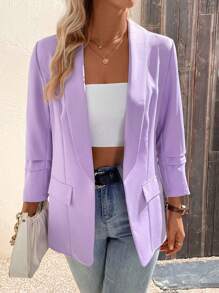 SHEIN Essnce 青果領翻蓋細節開門襟西裝外套 - 紫色 - 查看 4
