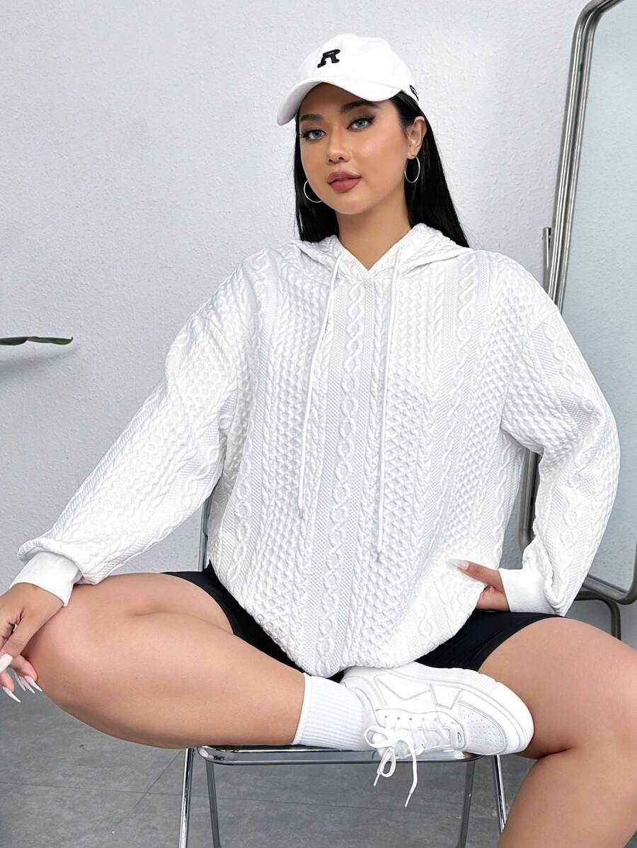 SHEIN EZwear Plus Cable Knit Drop Shoulder Drawstring Hoodie