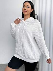 SHEIN EZwear Plus Cable Knit Drop Shoulder Drawstring Hoodie