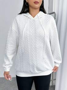 SHEIN EZwear Plus Cable Knit Drop Shoulder Drawstring Hoodie