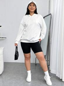 SHEIN EZwear Plus Cable Knit Drop Shoulder Drawstring Hoodie