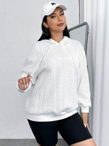 SHEIN EZwear Plus Cable Knit Drop Shoulder Drawstring Hoodie