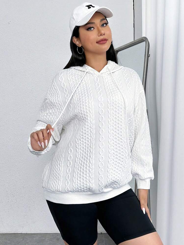 Plus Size Cable Knit Drop Shoulder Drawstring Sweatshirt