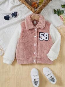 SHEIN Young Girl Letter Patched Two Tone Teddy Jacket - Dusty Pink - View 1