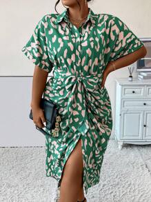 SHEIN Unity 大碼滿版印花蝙蝠袖褶邊腰帶襯衫連衣裙 - 綠色 - 查看 6