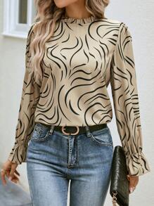 SHEIN LUNE Allover Print Flare Sleeve Blouse