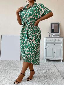 SHEIN Unity 大碼滿版印花蝙蝠袖褶邊腰帶襯衫連衣裙 - 綠色 - 查看 4