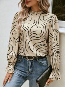 SHEIN LUNE Allover Print Flare Sleeve Blouse