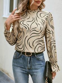 SHEIN LUNE Allover Print Flare Sleeve Blouse