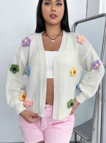 SHEIN EZwear Plus Appliques Drop Shoulder Duster Cardigan - White - View 4