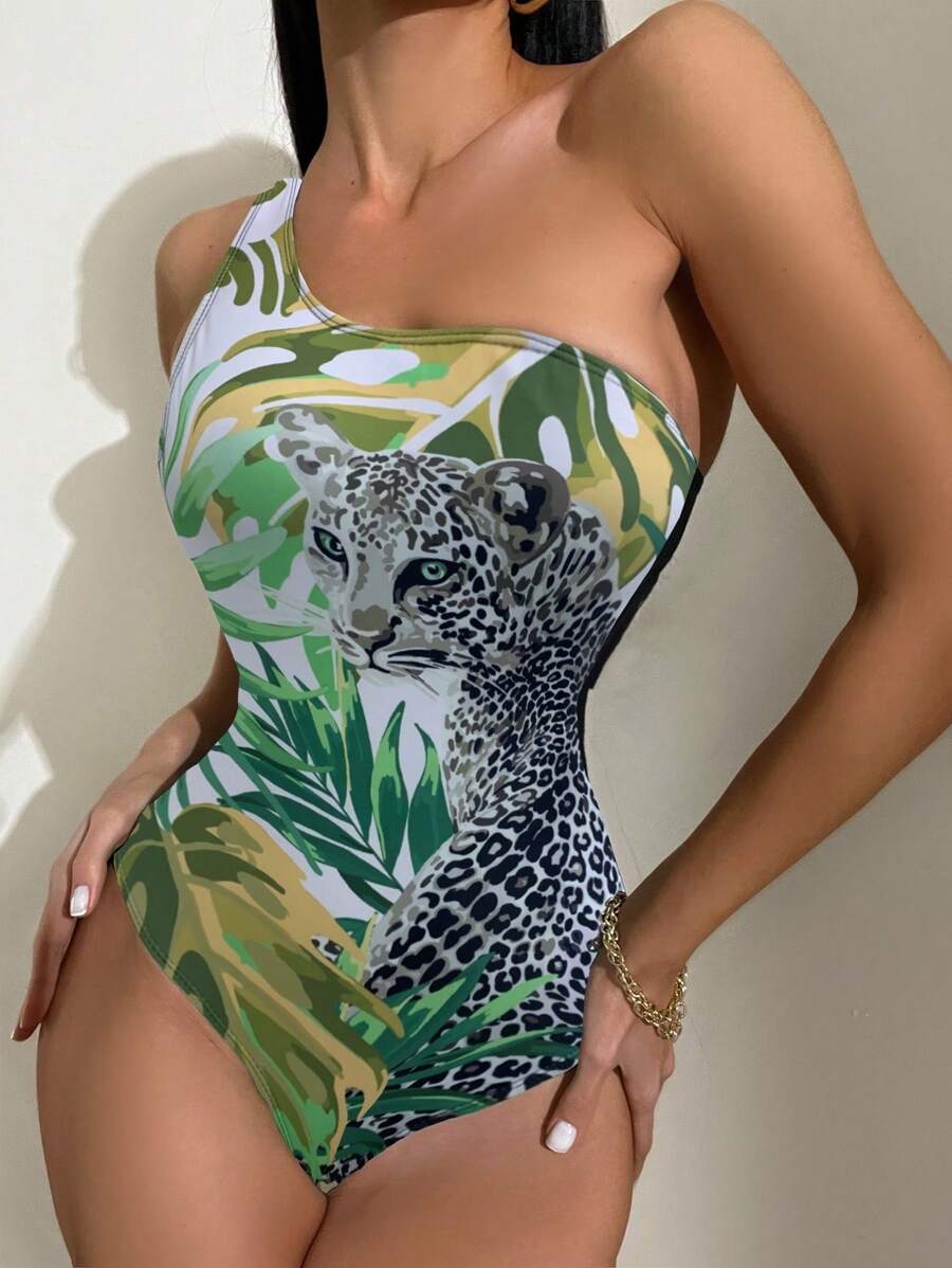 豹紋&熱帶圖案單肩連體泳衣 - 彩色 - 查看 1