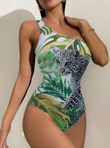 豹紋&熱帶圖案單肩連體泳衣 - 彩色 - 查看 3