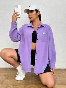 SHEIN EZwear Plus Letter Patched Detail Drop Shoulder Corduroy Coat - Purple - View 1