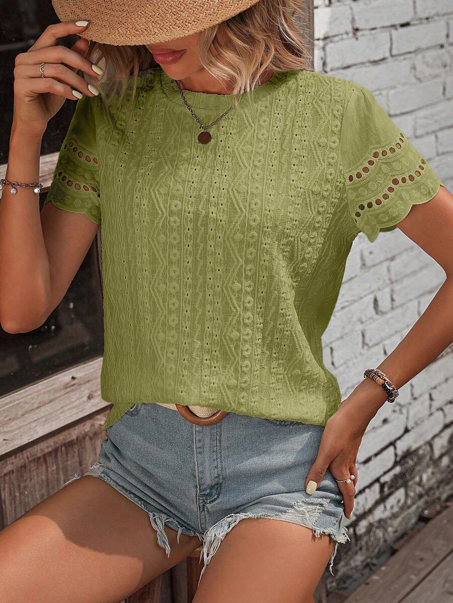EMERY ROSE Eyelet Embroidery Scallop Trim Tee - Green - View 1