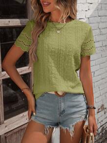 EMERY ROSE Eyelet Embroidery Scallop Trim Tee - Green - View 4