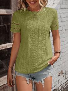 EMERY ROSE Eyelet Embroidery Scallop Trim Tee - Green - View 5