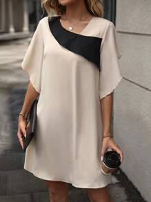 SHEIN LUNE Colorblock Asymmetrical Neck Tunic Dress - Khaki - View 3