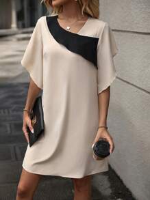 SHEIN LUNE Colorblock Asymmetrical Neck Tunic Dress - Khaki - View 1