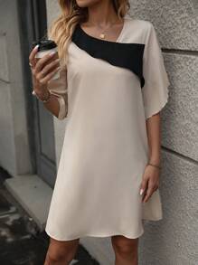 SHEIN LUNE Colorblock Asymmetrical Neck Tunic Dress - Khaki - View 5