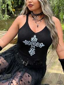 ROMWE PUNK Plus Graphic Pattern Cami Knit Top - Black - View 8