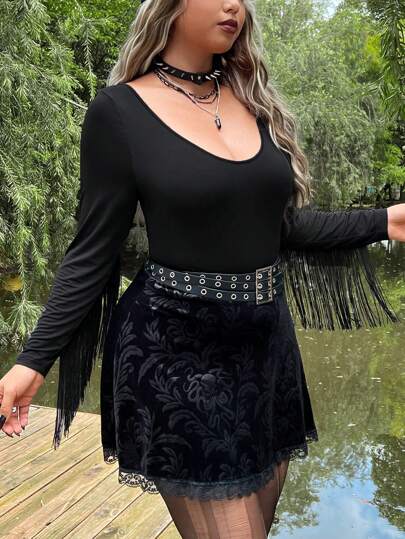 تي شيرت مقلم كشكش ياقة عميقة بدون حزام مقاس كبير