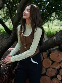 DAZY Button Front Tank Top Without Tee - Brown - View 2