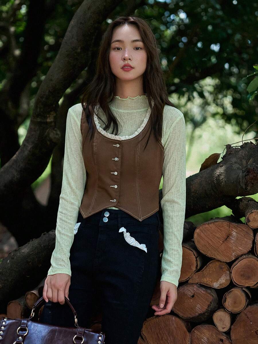 DAZY Button Front Tank Top Without Tee - Brown - View 1