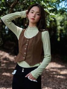 DAZY Button Front Tank Top Without Tee - Brown - View 3