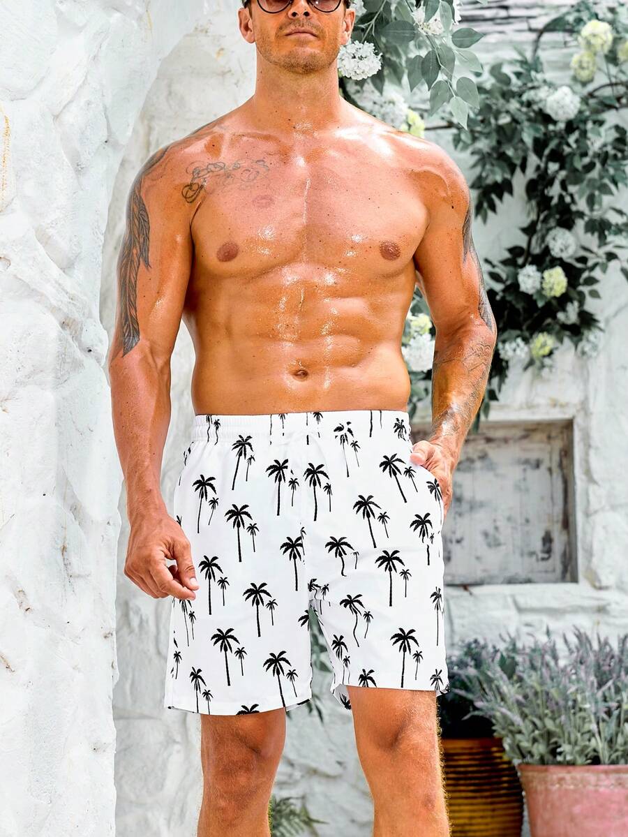 Surfspeed Men Tropical Print Drawstring Waist Swim Trunks - Black and White - View 1