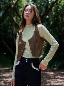 DAZY Button Front Tank Top Without Tee - Brown - View 7