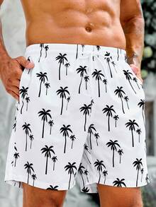 Surfspeed Men Tropical Print Drawstring Waist Swim Trunks - Black and White - View 6