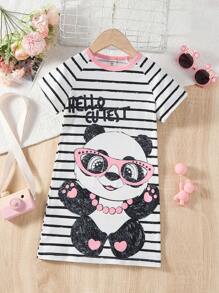 Young Girl Striped & Panda Print Raglan Sleeve Sleep Dress - Black and White - View 1