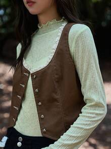 DAZY Button Front Tank Top Without Tee - Brown - View 9