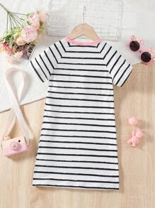 Young Girl Striped & Panda Print Raglan Sleeve Sleep Dress - Black and White - View 2