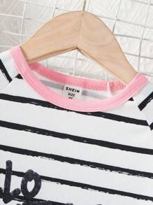 Young Girl Striped & Panda Print Raglan Sleeve Sleep Dress - Black and White - View 4