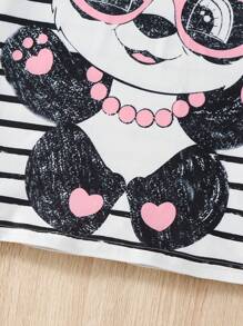 Young Girl Striped & Panda Print Raglan Sleeve Sleep Dress - Black and White - View 5