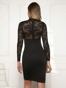 SHEIN Privé 1 pieza Vestido ajustado con encaje en contraste con abertura delantera - Negro - Ver 2