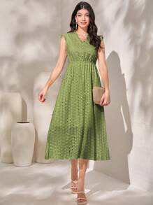 Mulvari Eyelet Embroidery Ruffle Trim A-line Dress - Green - View 1