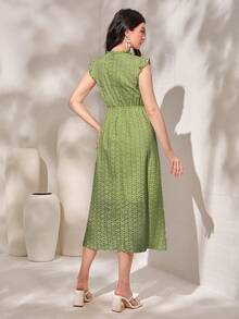 Mulvari Eyelet Embroidery Ruffle Trim A-line Dress - Green - View 2