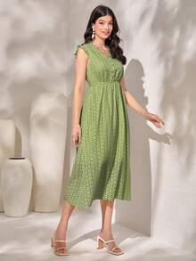 Mulvari Eyelet Embroidery Ruffle Trim A-line Dress - Green - View 4
