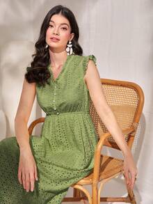 Mulvari Eyelet Embroidery Ruffle Trim A-line Dress - Green - View 5