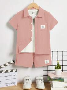 SHEIN 男小童字母補丁細節襯衫&短褲不帶T恤 - 藕粉色 - 查看 1