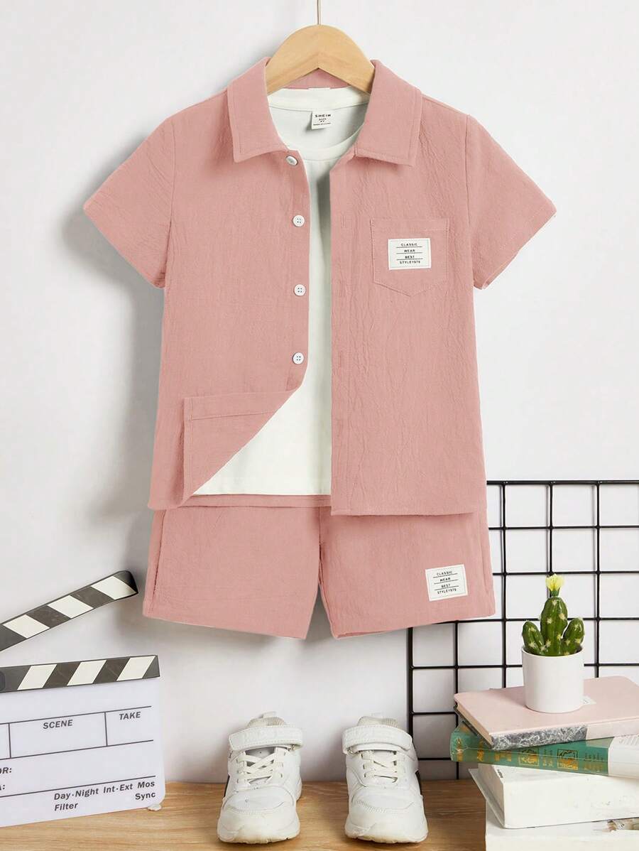 SHEIN 男小童字母補丁細節襯衫&短褲不帶T恤 - 藕粉色 - 查看 1