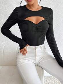 SHEIN Privé Cắt ra phía trước Nếp gấp Phần Ngực Áo thun - màu đen - Xem 1