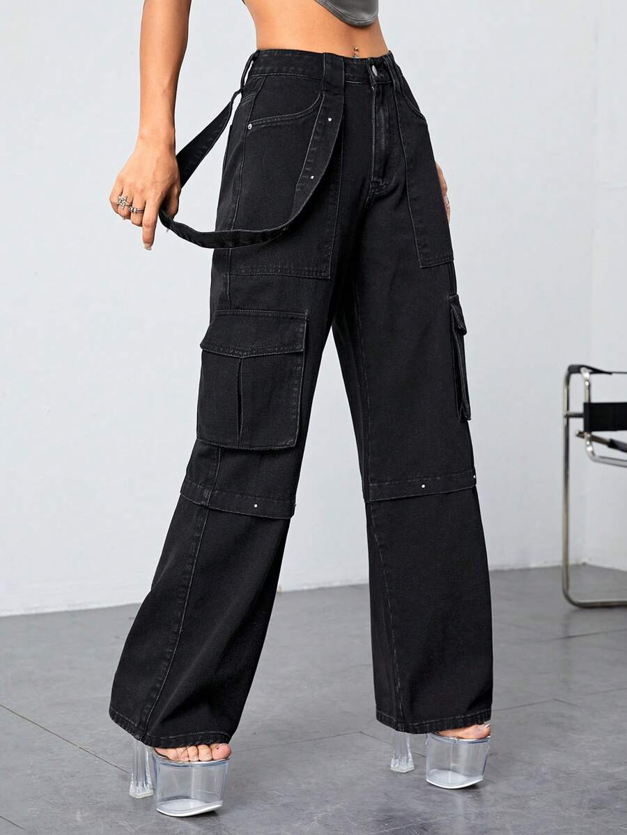 SHEIN ICON 翻蓋口袋工裝牛仔褲 - 黑色 - 查看 1