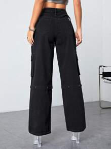 SHEIN ICON 翻蓋口袋工裝牛仔褲 - 黑色 - 查看 2