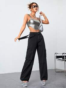 SHEIN ICON 翻蓋口袋工裝牛仔褲 - 黑色 - 查看 3