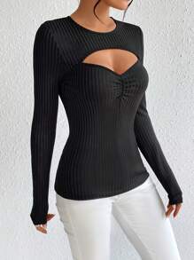 SHEIN Privé Cắt ra phía trước Nếp gấp Phần Ngực Áo thun - màu đen - Xem 5